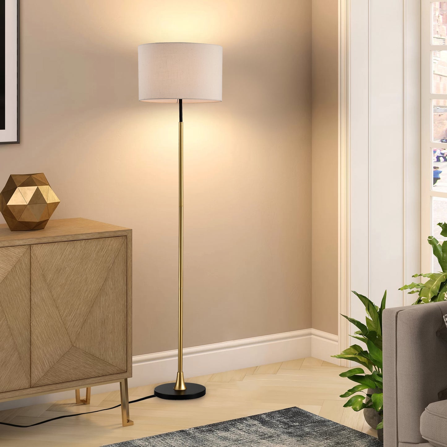 Tall Industrial Floor Lamp With Beige Lampshade, Black & Matte Gold