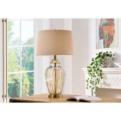 28.5 Tall Glass Table Lamp Golden Gaze With Antique Bronze Finish, Linen Shade