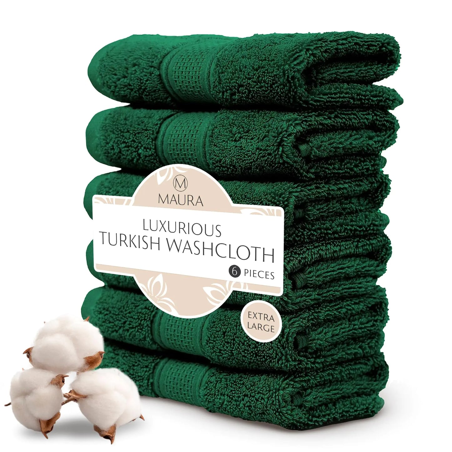 MAURA 6-Pack Premium 13x13 inch, Turkish Washcloth Set - Dark Green