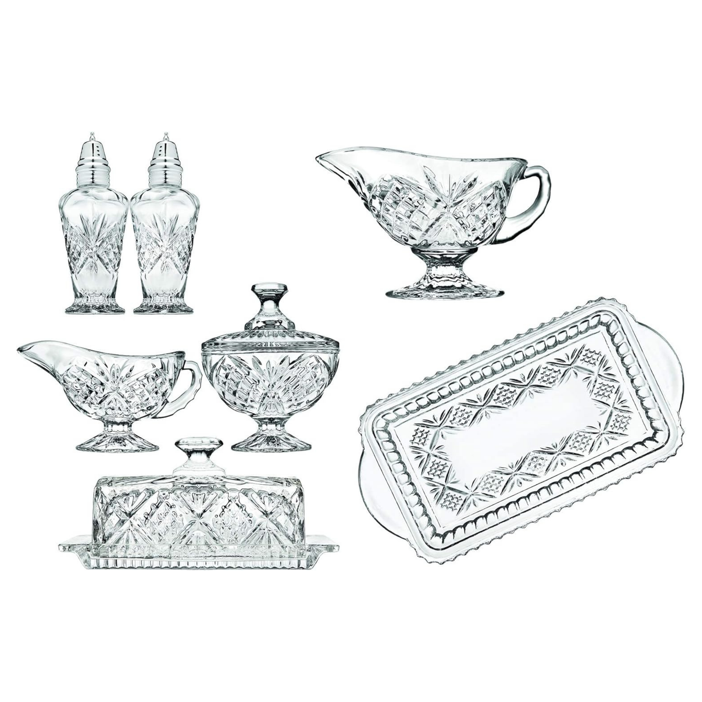 Godinger 8 Piece Hostess Serveware Set - Salt and Pepper Shakers Butter Dish Sugar and Creamer Serving Tray - Dublin Collection