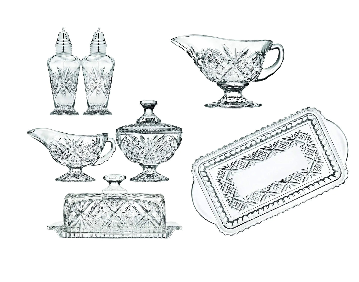 Godinger 8 Piece Hostess Serveware Set - Salt and Pepper Shakers Butter Dish Sugar and Creamer Serving Tray - Dublin Collection