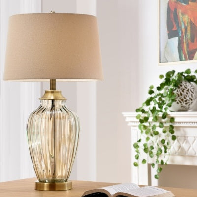 28.5 Tall Glass Table Lamp Golden Gaze With Antique Bronze Finish, Linen Shade