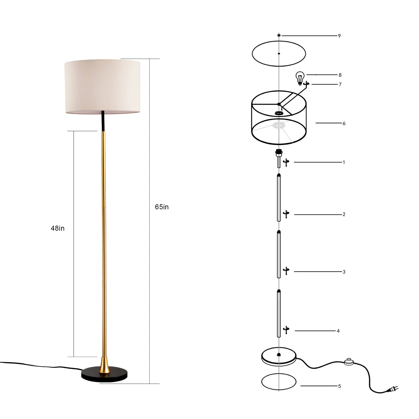 Tall Industrial Floor Lamp With Beige Lampshade, Black & Matte Gold
