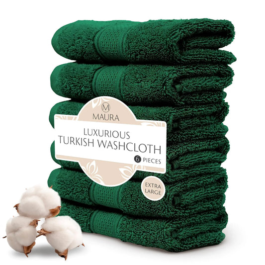 MAURA 6-Pack Premium 13x13 inch, Turkish Washcloth Set - Dark Green
