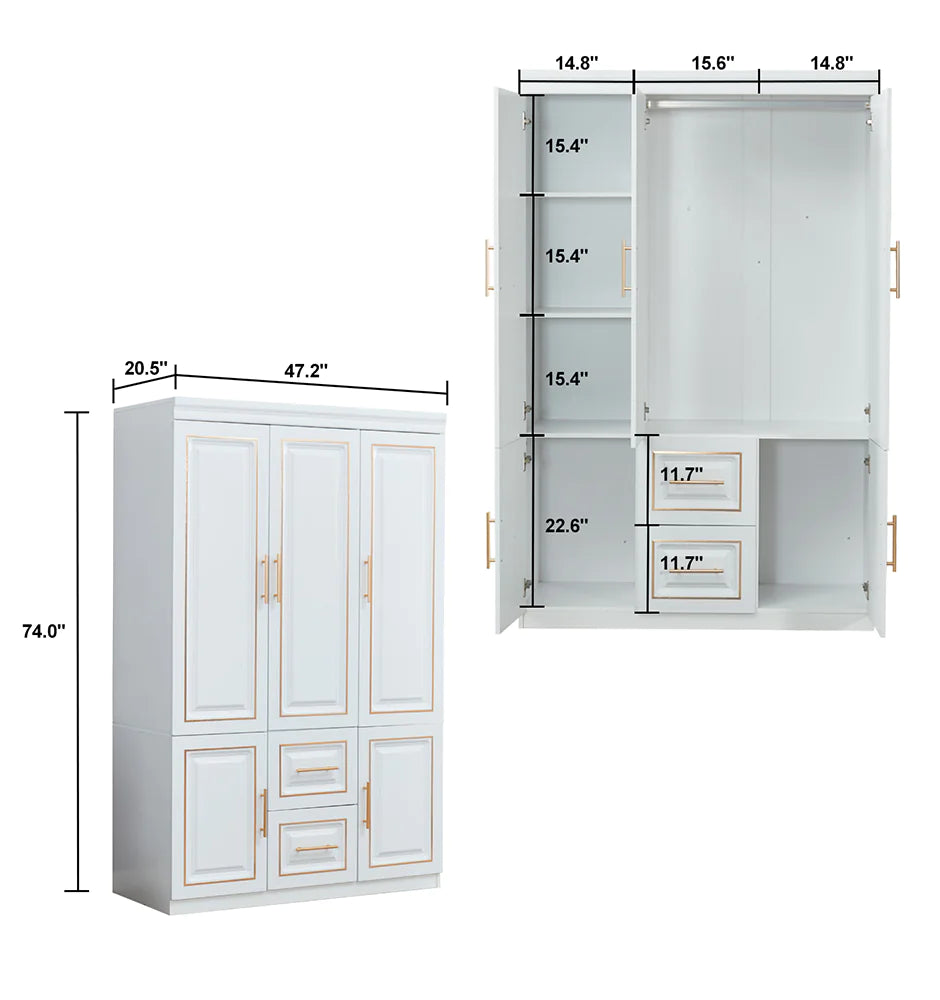 Armoire Wardrobe  72" H, 3 Doors, 2 Drawers, White