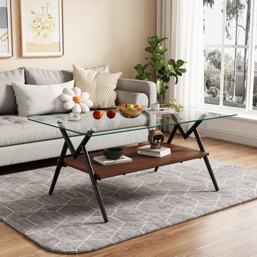 Mid-Century Wood & Glass Coffee Table, Rectangular