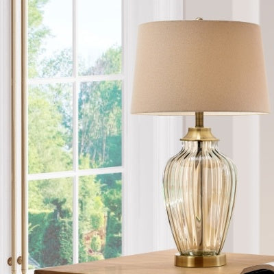 28.5 Tall Glass Table Lamp Golden Gaze With Antique Bronze Finish, Linen Shade