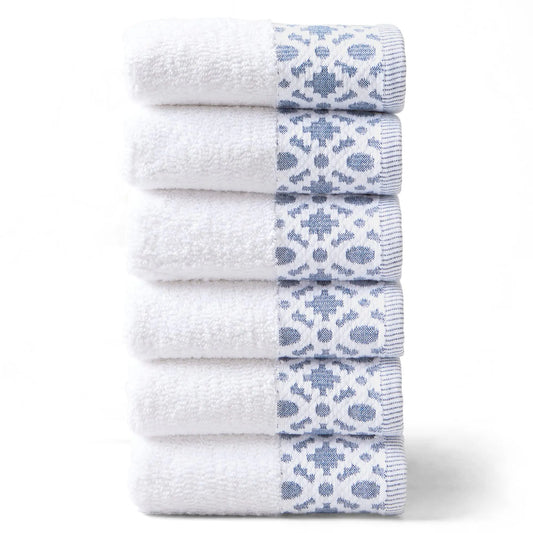 Luxor Turkish Cotton Hand Towel Set - Super Soft & Absorbent | 550 GSM | 6-Pack | Nitra Collection (White/Denim Blue)